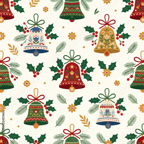 Christmas Bells Festive Pattern: A delightful seamless pattern featuring intricately decorated Christmas bells, holly berries, pine sprigs, and floral accents in a vibrant.