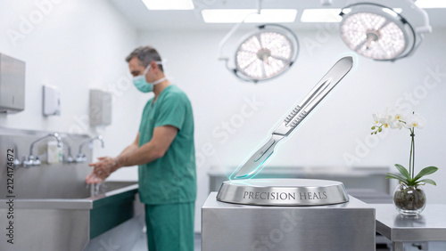 Scalpel floats above a medical pedestal while a surgeon scrubs his hands in the background of a hospital operating room.
