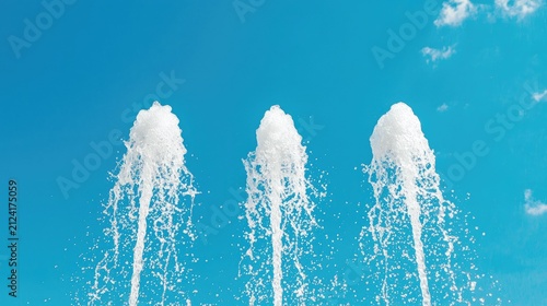 Beautiful water fountains shooting high into the clear blue sky with fluffy white clouds, creating a serene and refreshing atmosphere in an outdoor setting.