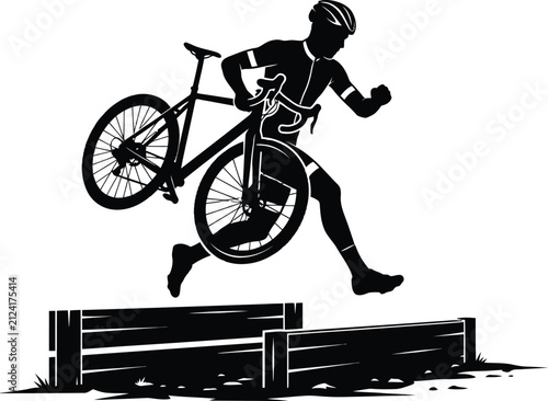 Quadro su tela Cyclocross rider carrying bicycle leaping over wooden barrier black silhouette vector illustration featuring cx race athlete jumping hurdle action pose concept