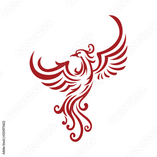 Stylized Red Phoenix with Elegant Flowing Wings
