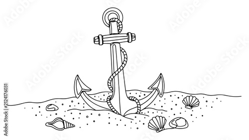 Fotografie Anchor buried in beach sand with seashells in minimal one line art style