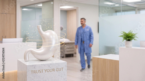 Stomach model sits on a pedestal in a medical clinic while a healthcare professional walks through the background.