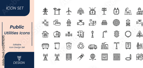 Public utilities icons set infrastructure and city services line art vector illustrations
