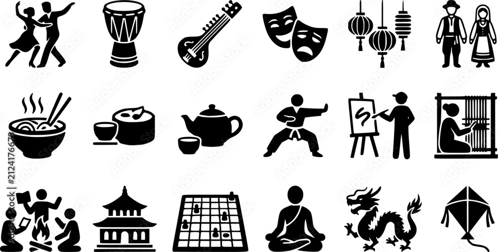 Naklejka premium Global cultural heritage icons featuring dance music and ancient architectural monuments set 