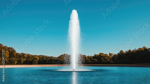 A Majestic Fountain Shooting Water High Into the Sky Surrounded by Lush Green Trees and a Clear Blue Sky, Perfect for Nature Lovers and Outdoor Photography Enthusiasts.