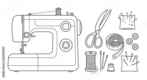 Obraz na plátne Sewing machine with accessories line art silhouette tailoring dressmaking needle