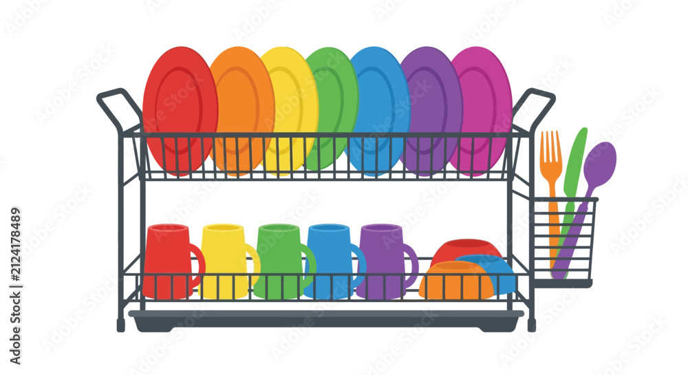 Fototapeta premium Colorful Dishes In A Metal Rack Flat Vector Illustration