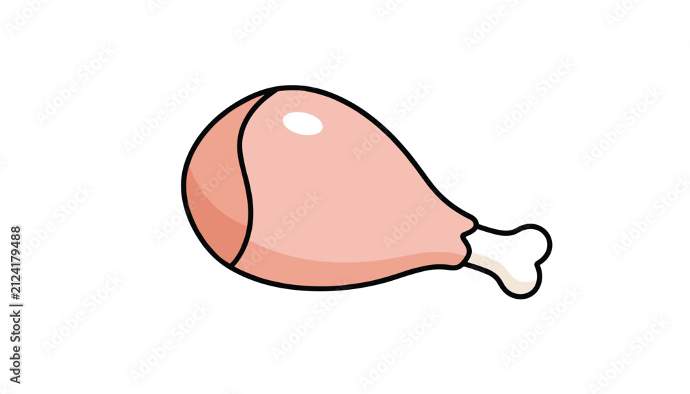 Obraz premium Delicious raw chicken drumstick with bone, isolated on a clean white background, simple cartoon style illustration.
