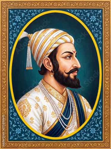 Traditional profile portrait painting of the Indian Maratha warrior king Chhatrapati Shivaji Maharaj in an ornate floral frame