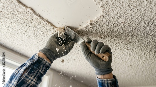Worker performing popcorn ceiling texture removal on a home wall.