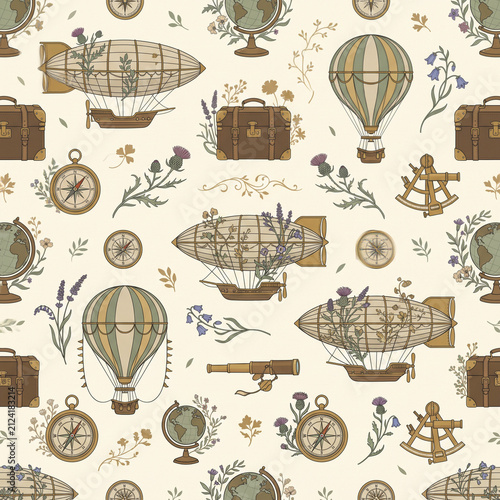 Steampunk Travel Pattern: A whimsical and intricate seamless pattern featuring airships, hot air balloons, globes, compasses, and vintage luggage in a charming steampunk aesthetic.