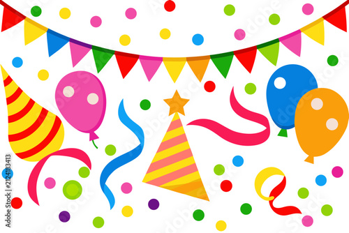 Colorful celebration confetti background with balloons and party hats. Festive vector illustration for party decor and event design.