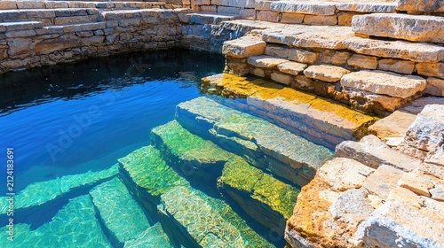 Explore the serene beauty of crystal-clear water reflecting ancient stone steps in a tranquil setting, perfect for relaxation and nature photography enthusiasts.