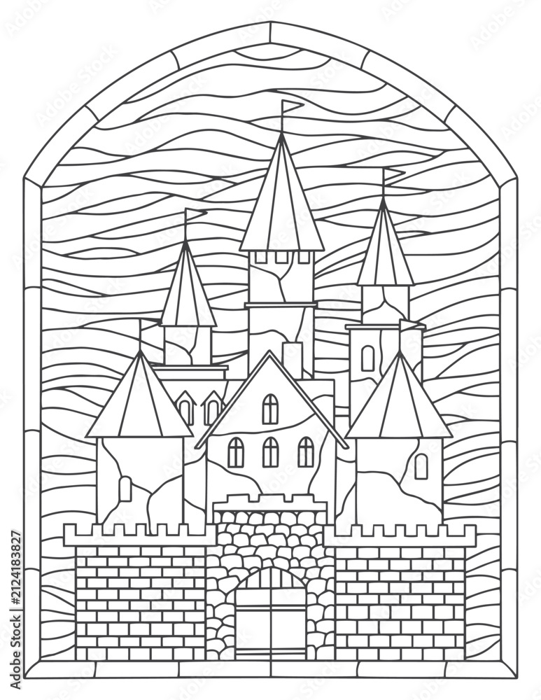 Obraz premium Stained glass coloring page for adults and children. Old stone castle.