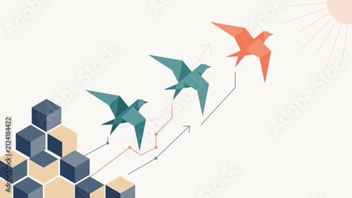 Geometric birds ascending from cube pyramid – Ideal for creative strategy, breaking barriers, or strategic freedom campaigns.