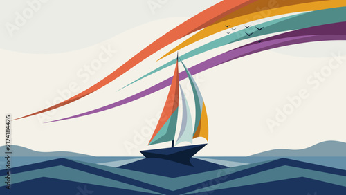 Abstract sailboat riding wave toward sun – Perfect for leadership motivation, maritime commerce, or strategic direction materials.