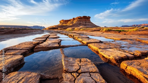 Stunning landscape of rocky terrain reflecting blue sky and clouds, showcasing the natural beauty of the outdoors with a peaceful water pool in the foreground.