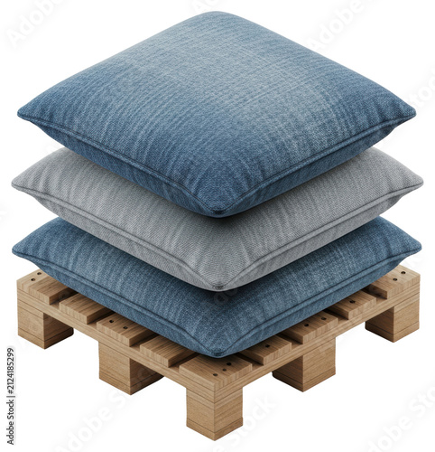 Stacked blue and grey textile cushions on wooden pallet over transparent background