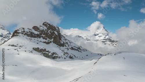 Zermatt Switzerland time lapse at Matterhorn mountain peak and Riffelsee lake in winter season