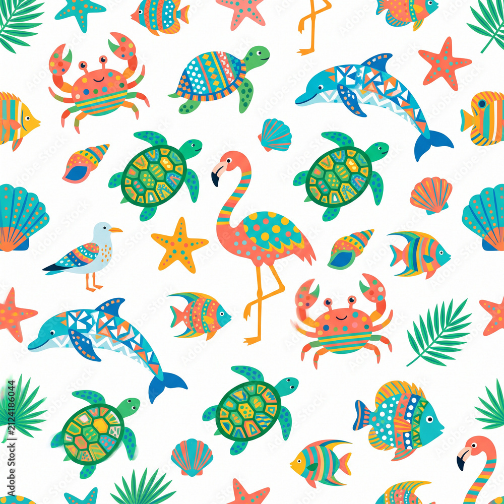 Naklejka premium Vibrant Tropical Marine Life Pattern: A lively and colorful collection of stylized tropical sea creatures, including fish, dolphins, turtles, crabs, flamingos, and starfish.