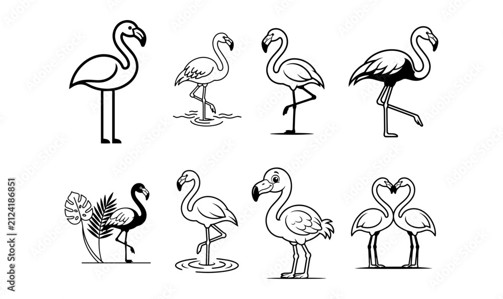 Obraz premium Flamingo Vector Illustration Set on PNG Background, flamingo, flamingo bird, tropical bird, pink flamingo, exotic bird, wading bird, wildlife, nature, bird, tropical wildlife, aquatic bird, 