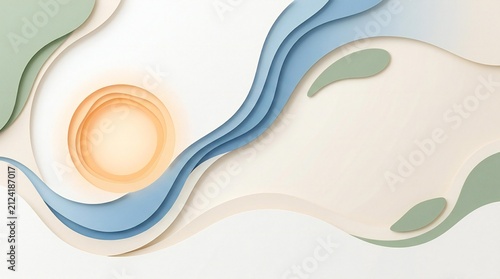 Abstract Paper Cut Background with Flowing Blue Waves and Warm Sun