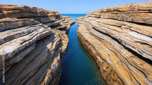 A Stunning View of Coastal Rock Formations Framing a Serene Blue Waterway Between the Cliffs Under a Clear Sky