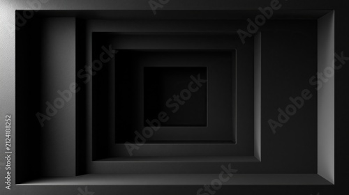 Abstract black geometric shapes forming nested square voids, a minimalist composition conveying depth and mystery