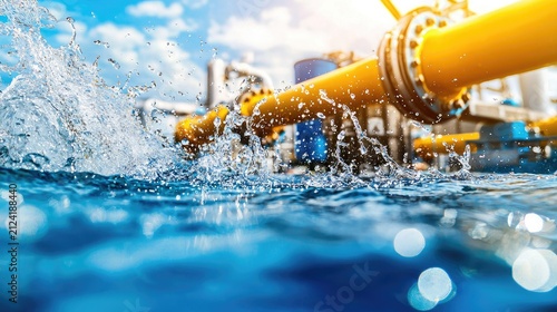 Vibrant image of a large yellow pipeline submerged in water, with sunlight creating a dazzling effect and splashes around, showcasing the connection between industry and nature.