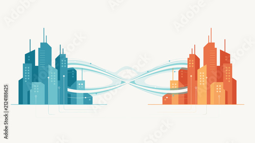 Mirrored digital twin cities with light ribbons – Ideal for smart city design, digital twin technology, or urban planning.