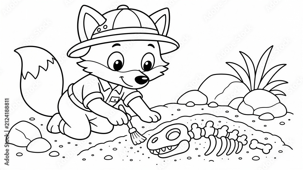 Obraz premium Cute cartoon fox archaeologist digging dinosaur fossil with brush, black and white line art coloring page for kids