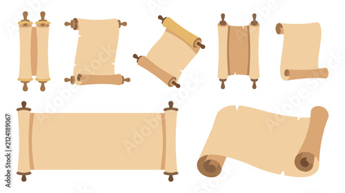 Vintage ancient paper scrolls set with wooden handles for documents.