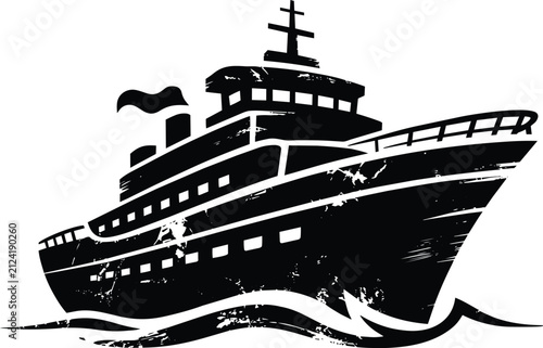 Bild auf Leinwand Cruise ship sailing on ocean waves, vintage distressed stencil style passenger v