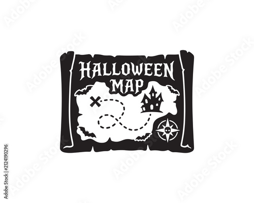 Halloween map illustration with a haunted house, treasure x mark, bats, and a compass icon in a vintage scroll style