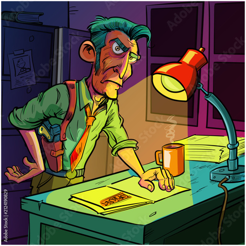 Determined Detective Leaning Over Desk Under Lamp While Examining Case Files in Dim Office