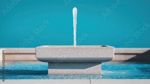 A modern fountain spouting water in a serene pool setting, surrounded by a vibrant turquoise backdrop, creating a tranquil and refreshing atmosphere perfect for relaxation.