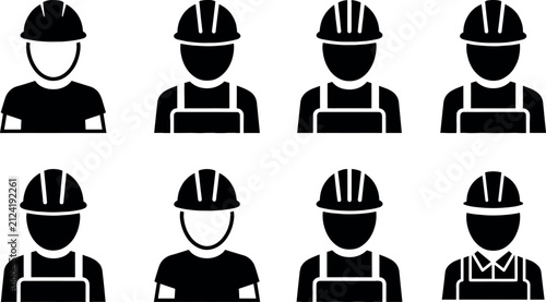 Builder avatar icon set featuring construction workers wearing hard hats and protective aprons vector illustration