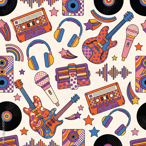 Retro Music Montage: A vibrant, psychedelic pattern celebrating the golden era of music, featuring iconic instruments, audio equipment, and nostalgic symbols.
