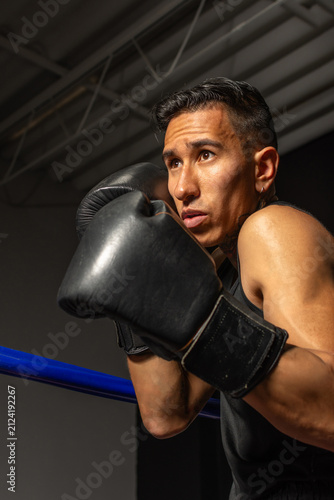 Foto Side view of focused Hispanic boxer in fighting stance ready to compete