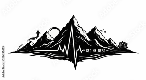 Dynamic mountain landscape with heartbeat pulse and nature elements