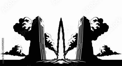 Symmetrical towers emitting smoke against a stark white background, symbolizing industry or power.