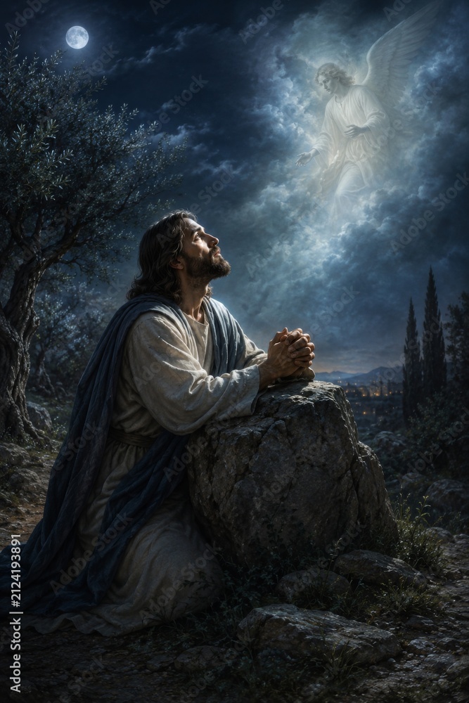 Obraz premium Man kneeling and praying in garden of Gethsemane as angel appears in night sky. Religious scene of Jesus Christ finding strength. Spiritual devotion and divine encounter concept.
