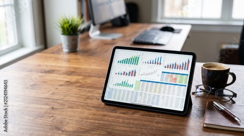 Desk Setup for Success: A modern office desk featuring a tablet displaying financial charts, a coffee cup, and stationery, ready for a productive workday.