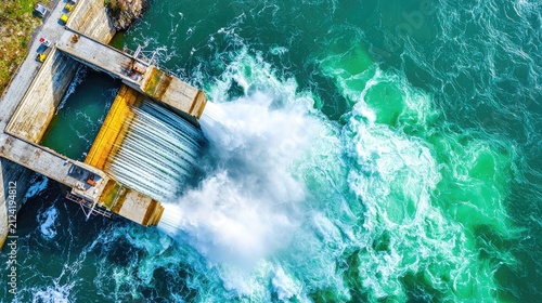 Aerial view of a dam releasing water into a vibrant blue-green river, showcasing the power and beauty of hydropower and natural water systems in a modern landscape.