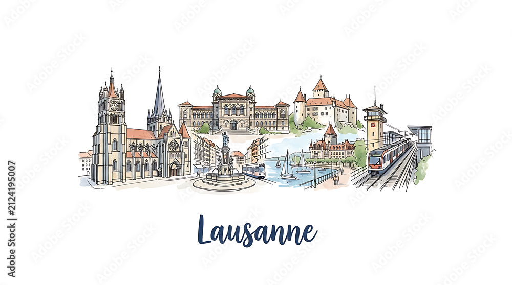 Fototapeta premium Colorful illustrated panoramic view of historic Lausanne cityscape featuring landmarks and skyline with modern and Gothic
