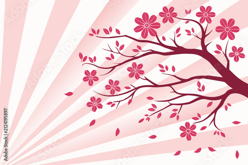 Pink floral branch illustration with radial burst background. Artistic vector design of blooming cherry blossoms and falling petals.