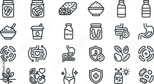 Probiotics and fermented food line icon set vector illustration featuring outline symbols of kefir yogurt kimchi kombucha stomach gut health and digestion for wellness design