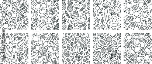 Seamless pattern vector set featuring hand drawn fruits and vegetables linear black and white doodles of fresh organic garden harvest produce for textile and wrapping paper design