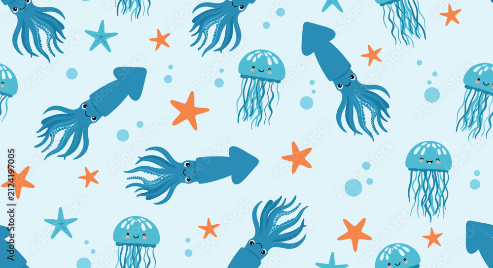 Obraz premium Ocean life seamless pattern with cute blue squids, jellyfish, and orange starfish scattered on light blue backdrop.